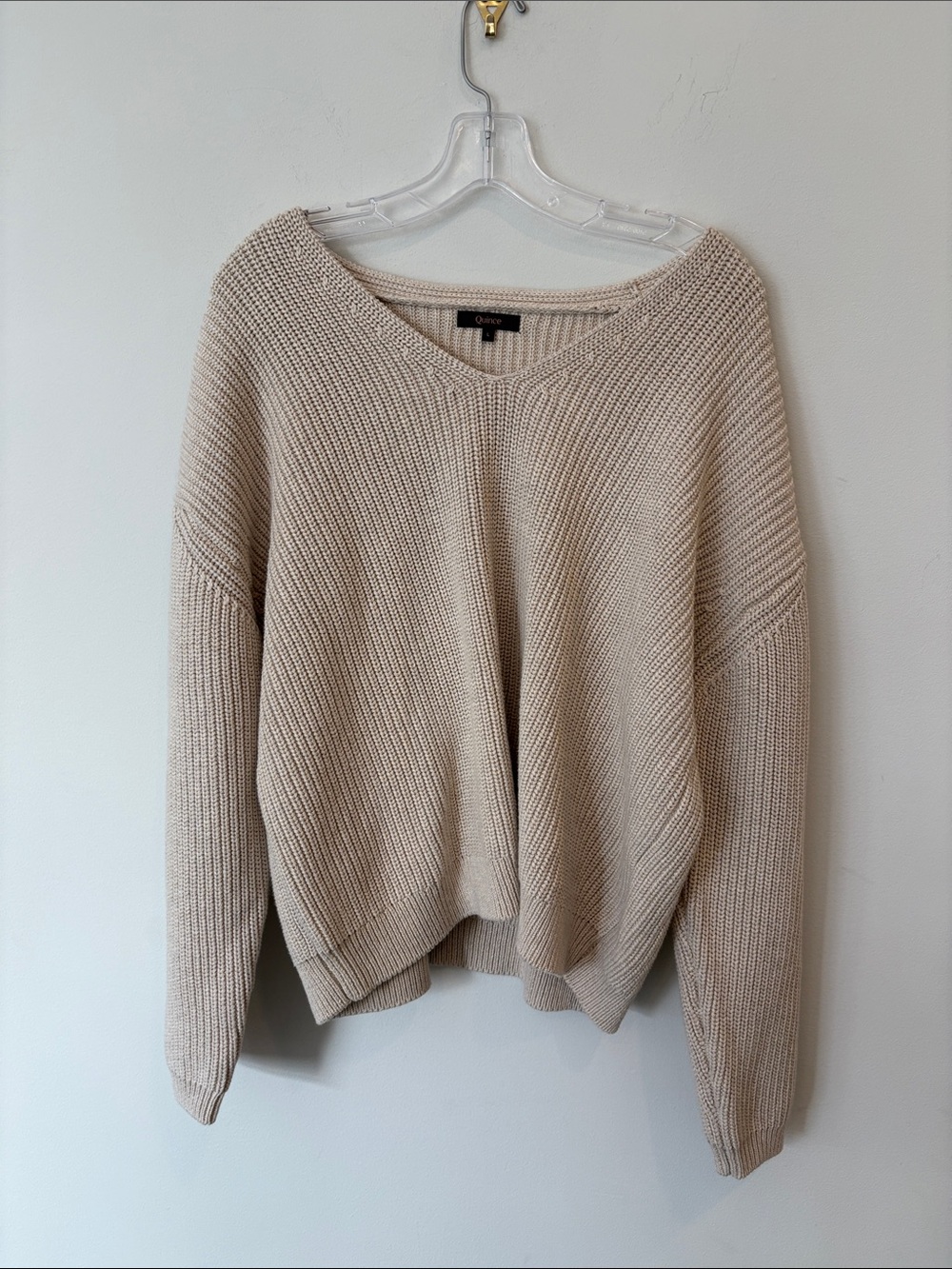 QUINCE Organic Cotton Fisherman Chunky Knit Cream V-Neck Ribbed Sweater Large - Picture 2 of 9